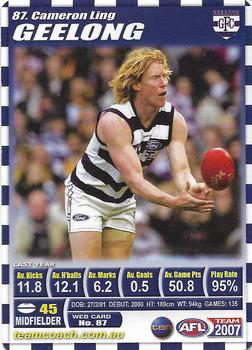 2007 Team Zone AFL Team #87 Cameron Ling Front